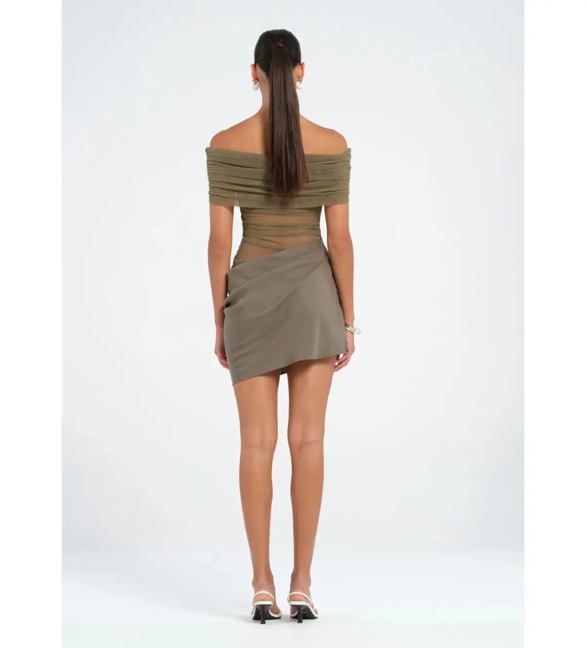 Benni Nico Off Shoulder Mini Dress in Khaki Size AU 8 photo 3