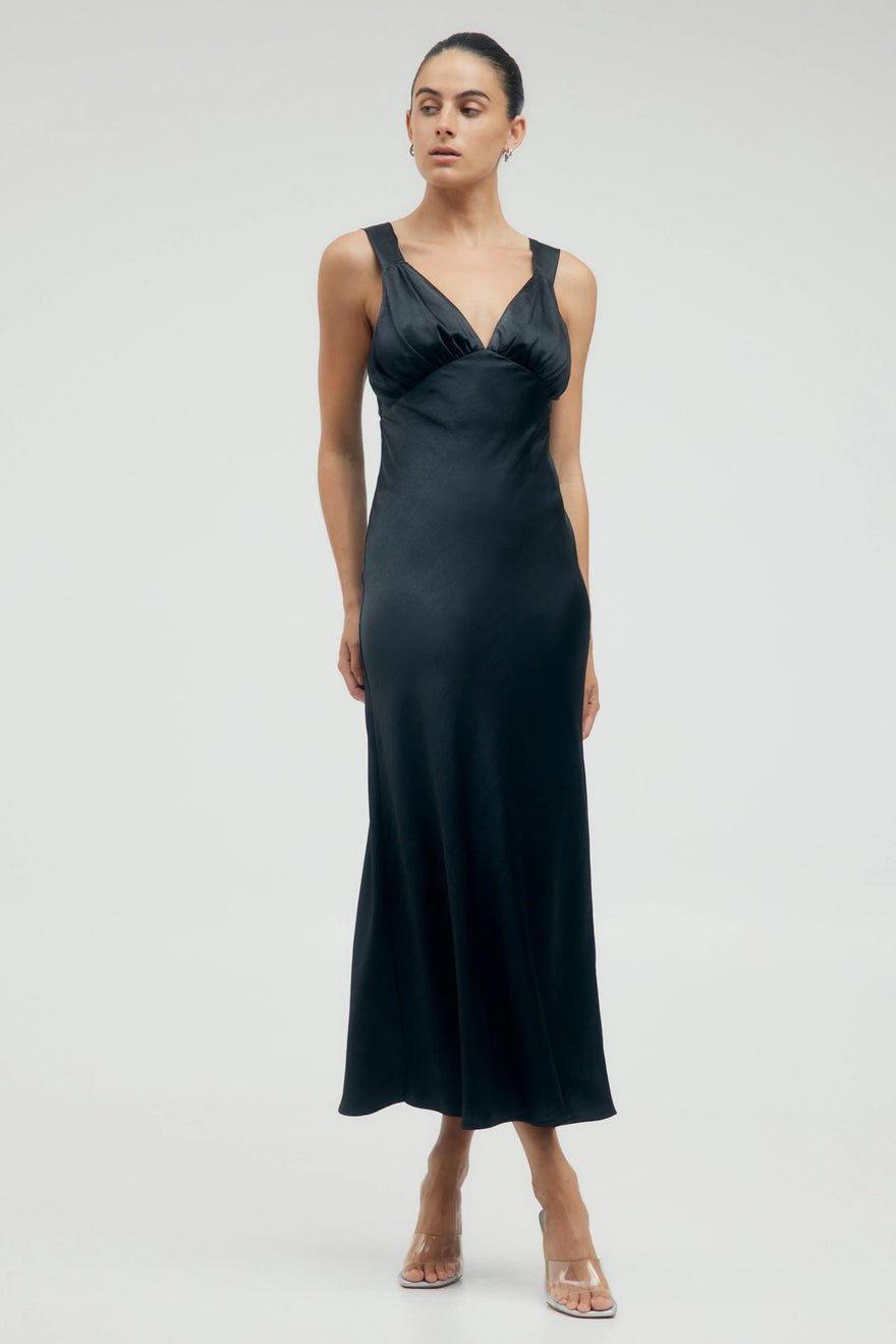 Third Form Satin Gather Bra Bias Slip Dress - Black photo 4