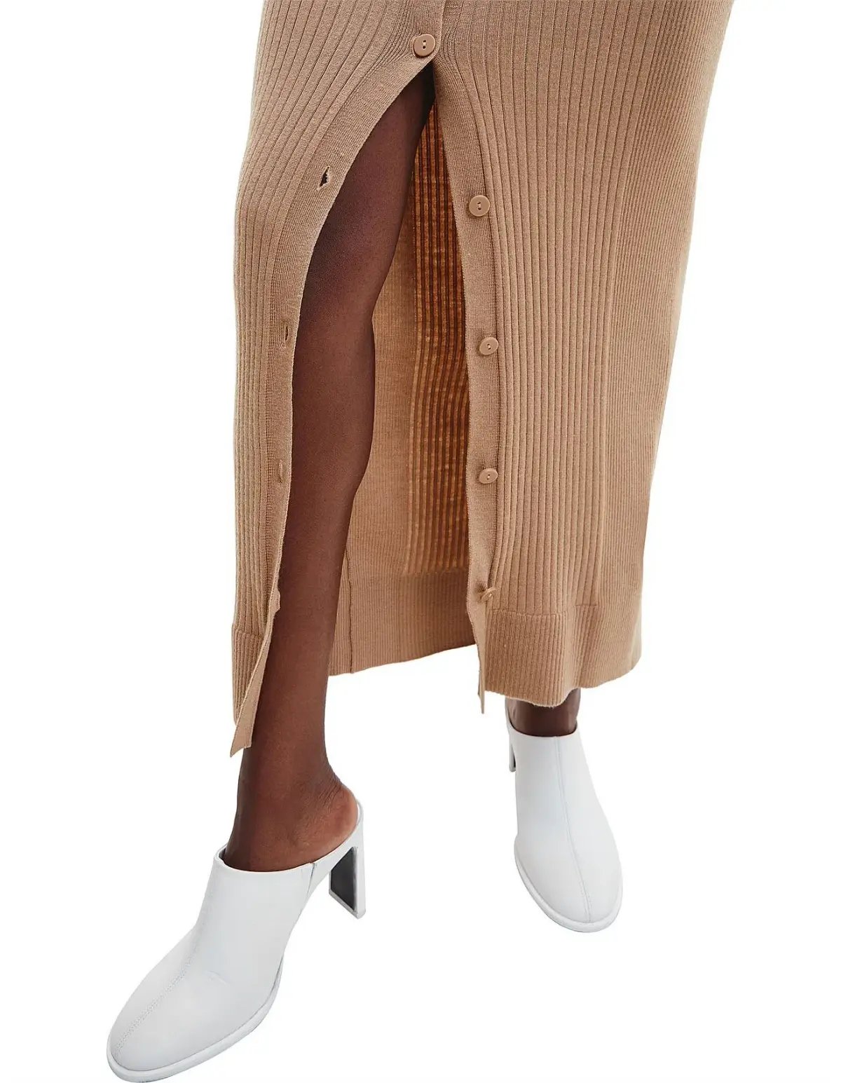 Calvin Klein Wool Tencel Rib Midi Dress Safari Canvas Size 10 photo 4