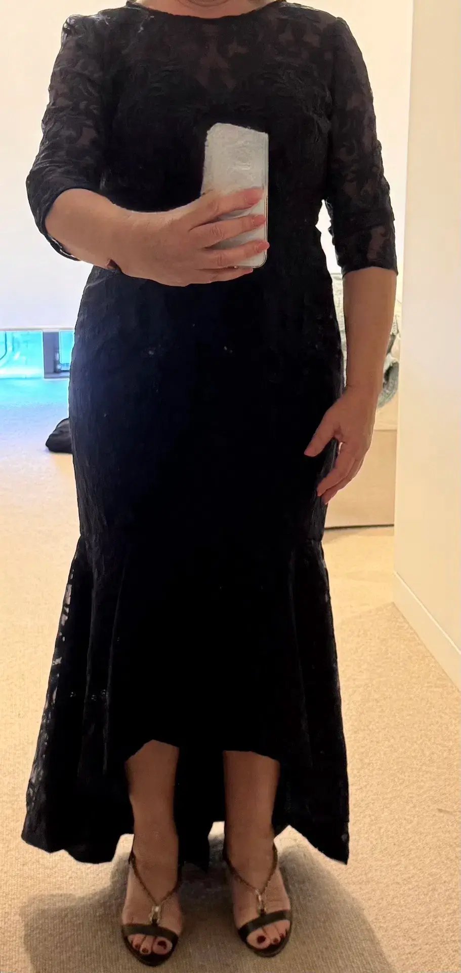 Formal Gown by Bariano Navy Lace 3/4 sleeves tapered length photo 4