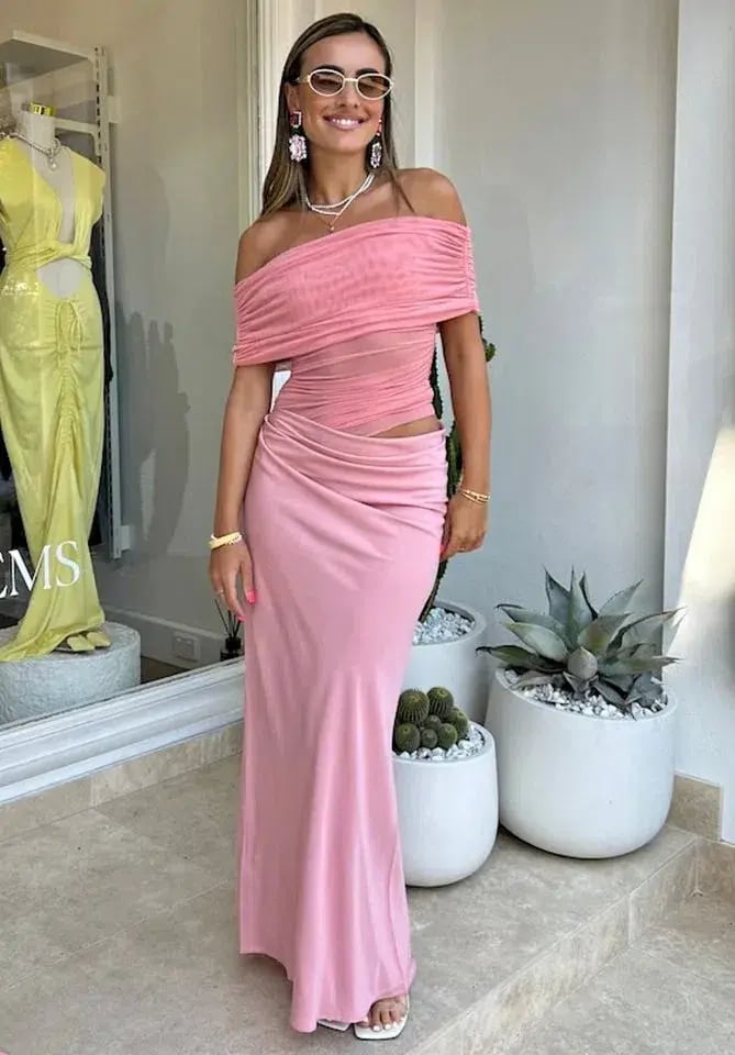 Benni Nico Off Shoulder Maxi Dress Candy Floss Pink Size AU 6 photo 4