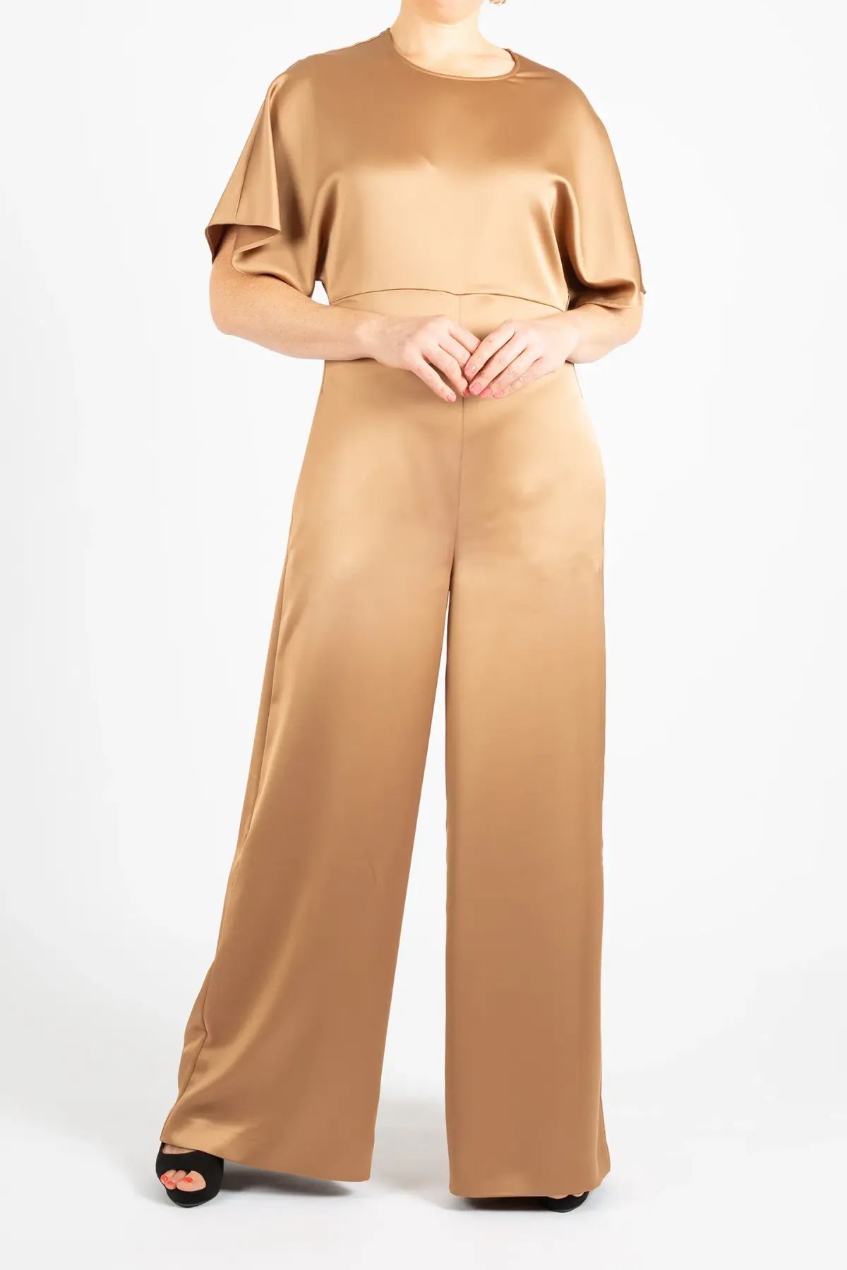 Hugo Boss Short-Sleeved Slim Fit Jumpsuit in Satin Gold Size 10 photo 4