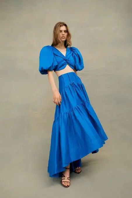 Aje Reverb Set Puff Sleeve Crop Top and Gathered Midi Skirt Set Blue Size 8 photo 4