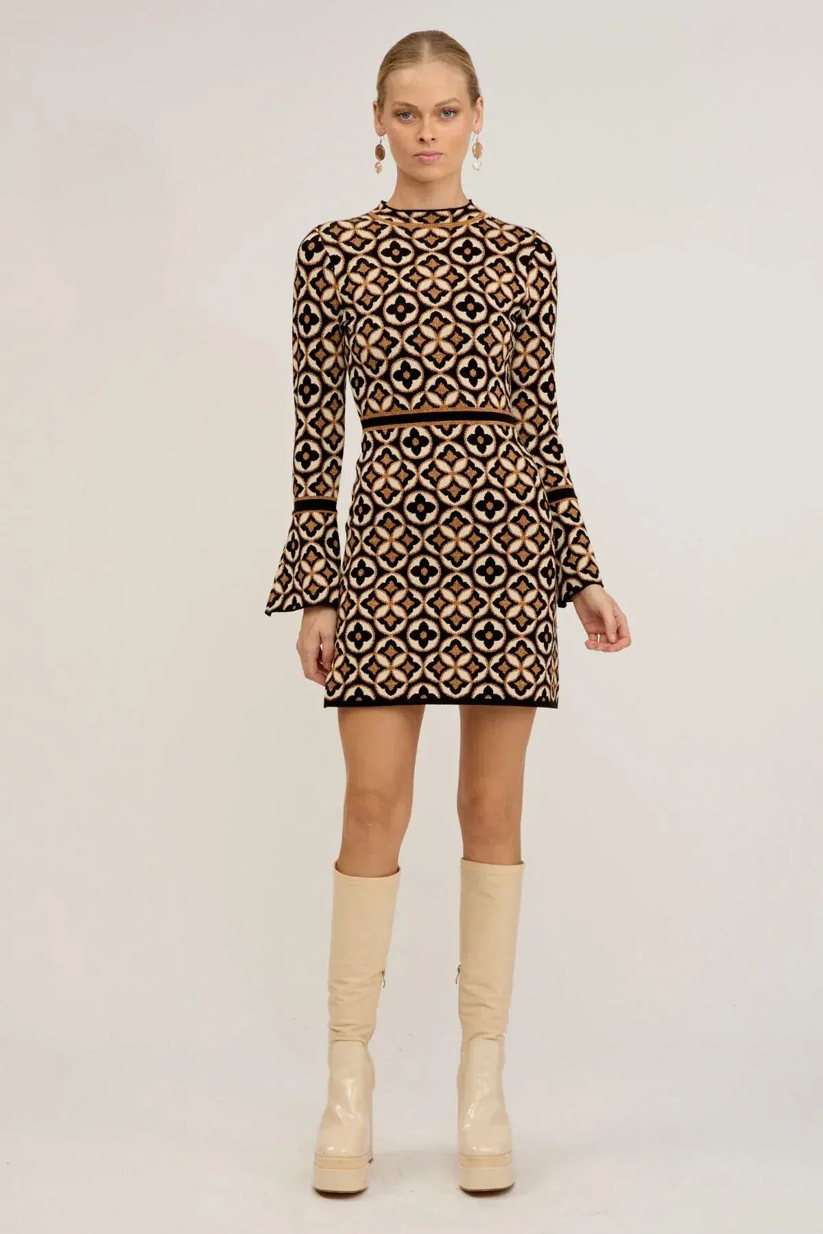 Nine Lives Bazaar Mitzy Knit Dress Deco Mini Gold & Black Size 10 photo 2