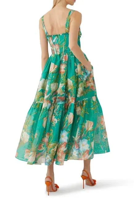 Leo Lin Rose Bustier Midi Dress In Opulent Print in Verdant Size 6 photo 3