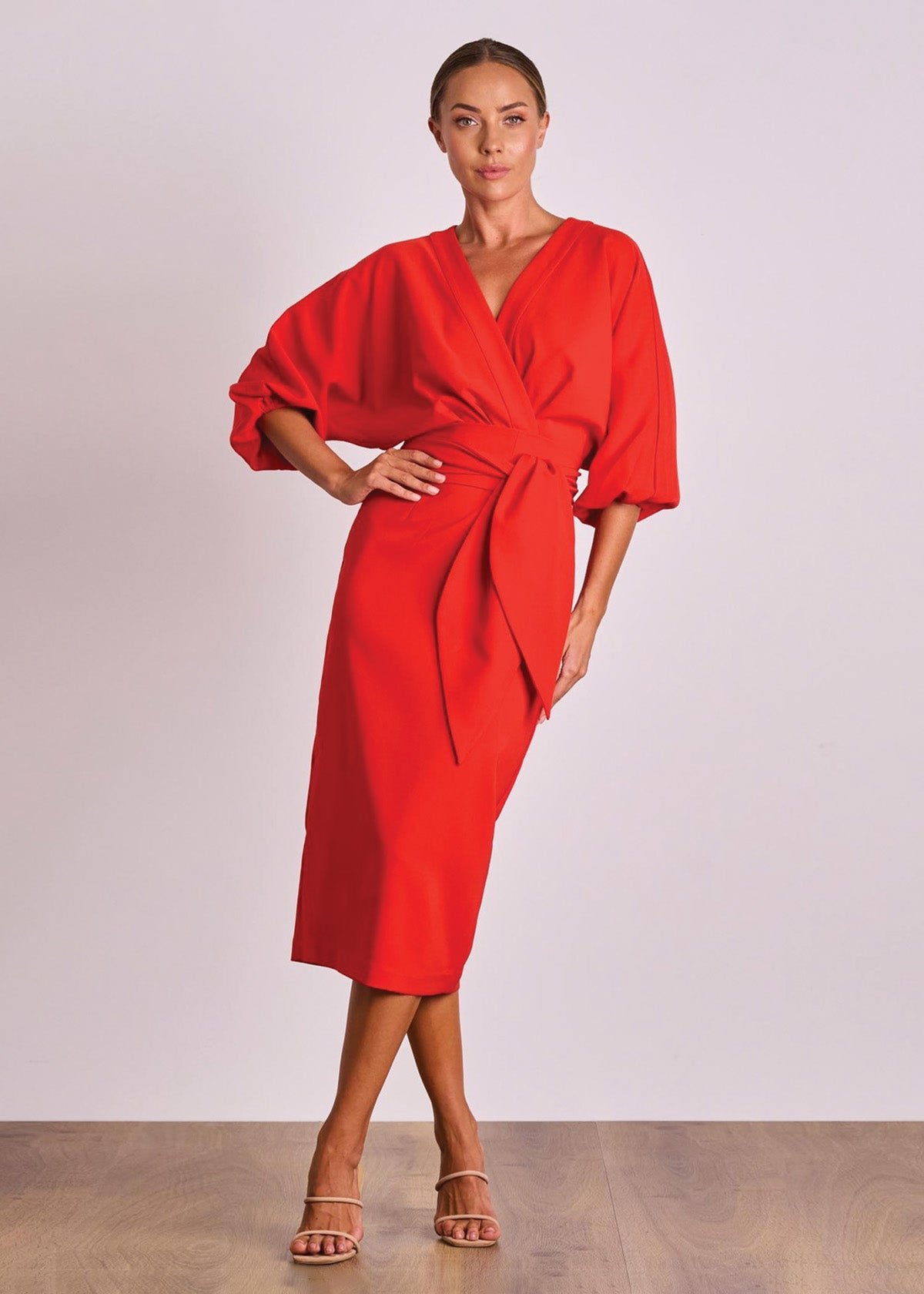 Emerson Drape Midi Dress in Red photo 4