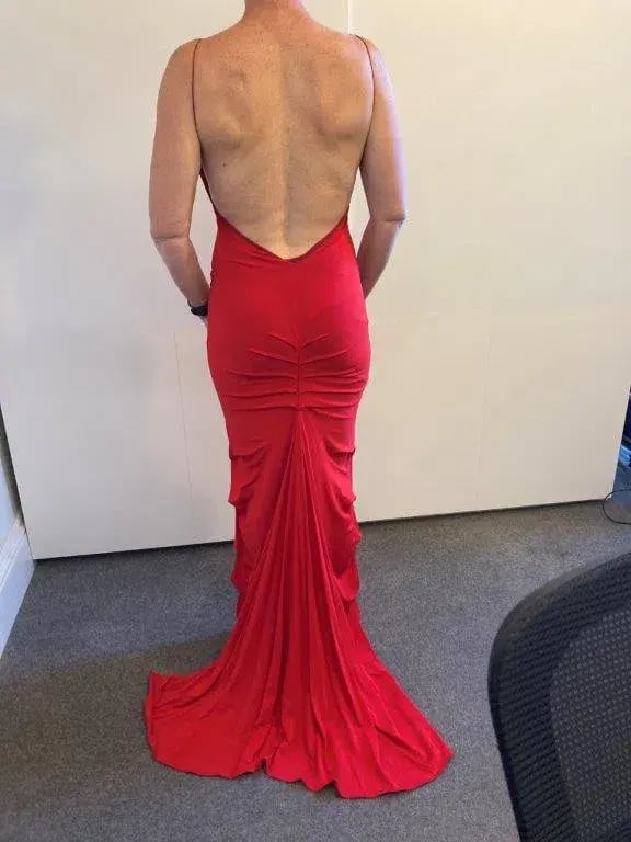 Wayne Cooper Stretch Satin Backless Gown Red Size 8 photo 2