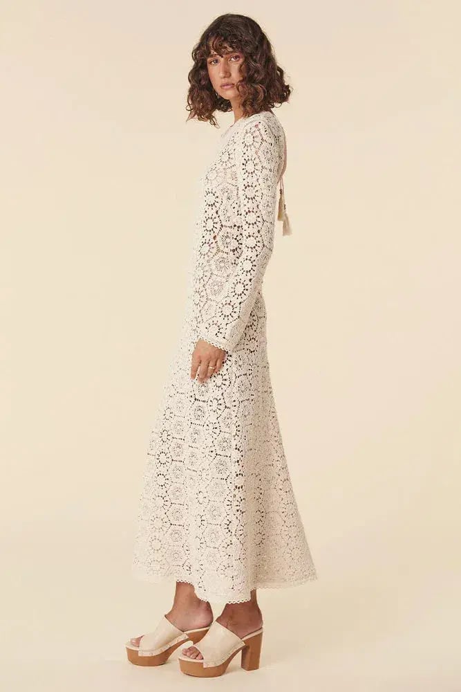 Spell Helena Crochet Lace Midi Dress Cream Size L AU 12 photo 2