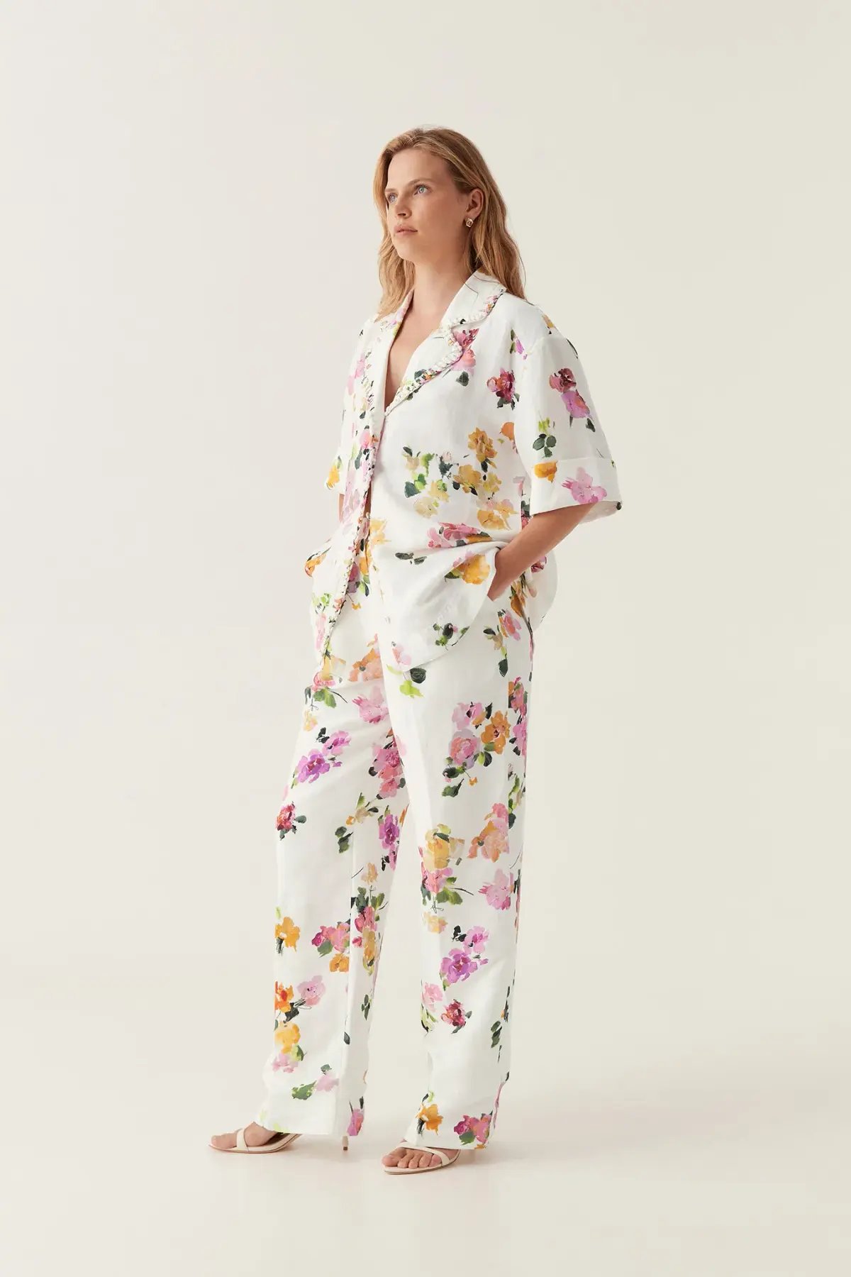 Aje Constance Whipstitch Shirt  And Portray Pants Set White Floral Size 14 photo 2