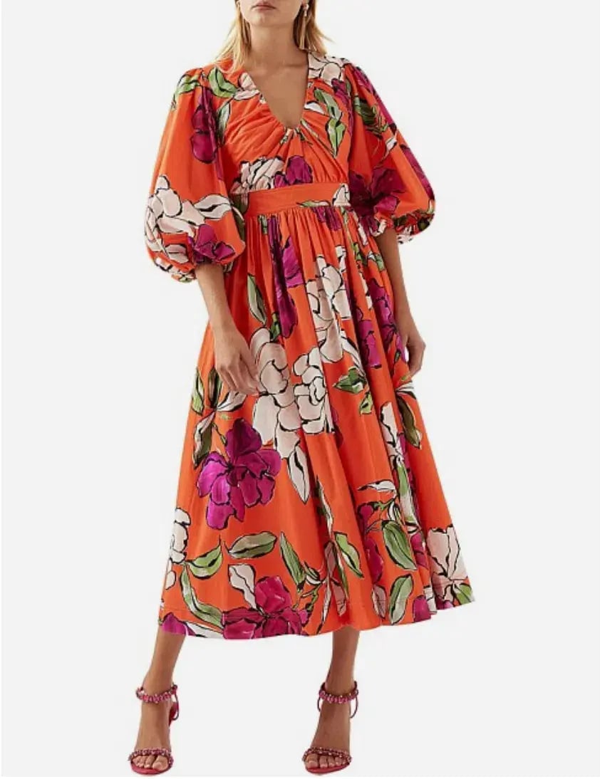 Aje Marlene Floral Midi Dress Vivid Camellia Size 4 photo 5