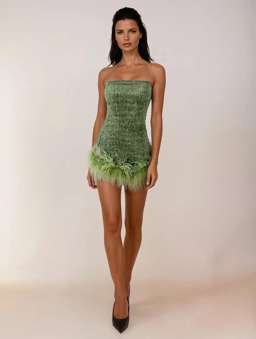 Oseree Feather-trim Mini Dress - Green photo 4