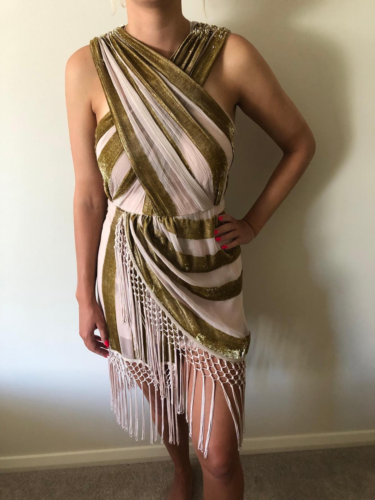 Alice McCall Surrealist Mini Dress in Gold Metallic Size 8 photo 4