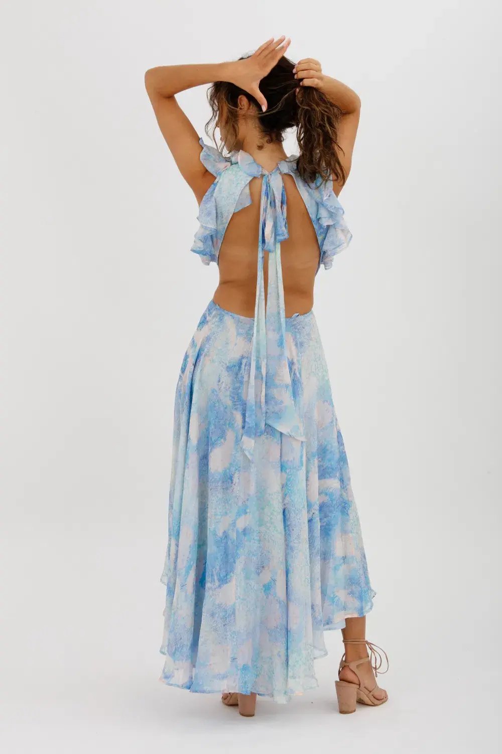 Leo Lin Oceana Open-back Gathered Printed Silk-chiffon Midi Dress In Blue Size AU 10 photo 3