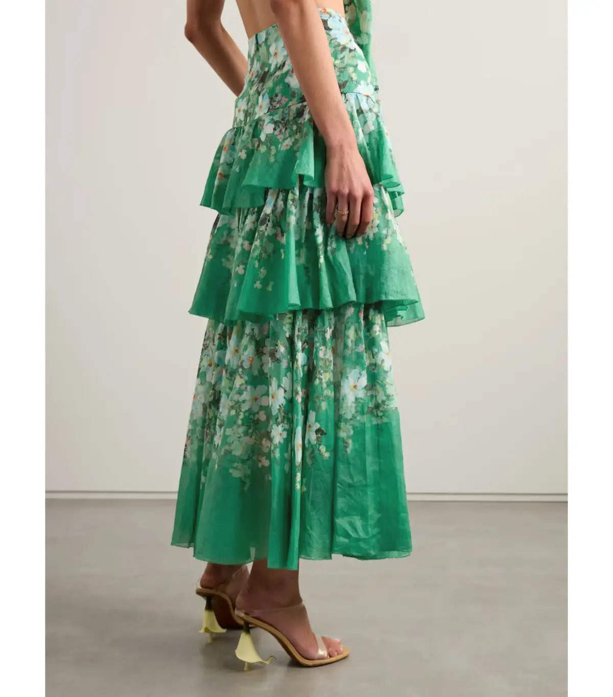 Zimmermann Everley Draped Bow Bralette and Tiered Midi Skirt Set in Green Watercolour Floral Size 8/XS photo 2