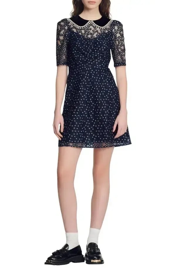 Sandro Lucianita Embellished Lace Mini Dress Midnight Blue Size 8 photo 5