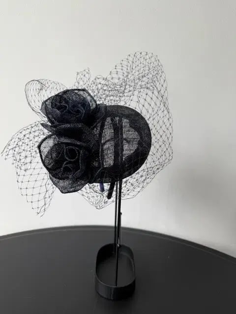 Millinery Headpiece With Raffia Flowers and Veil photo 2