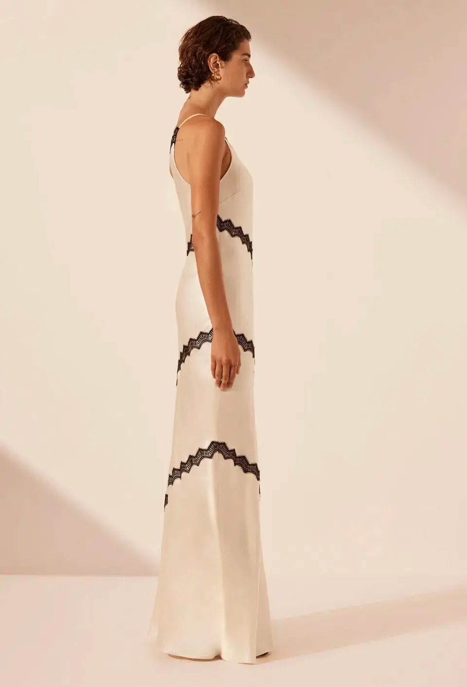 Shona Joy Camille Lace Asymmetrical Maxi Dress in Cream/Black Size 10 photo 2