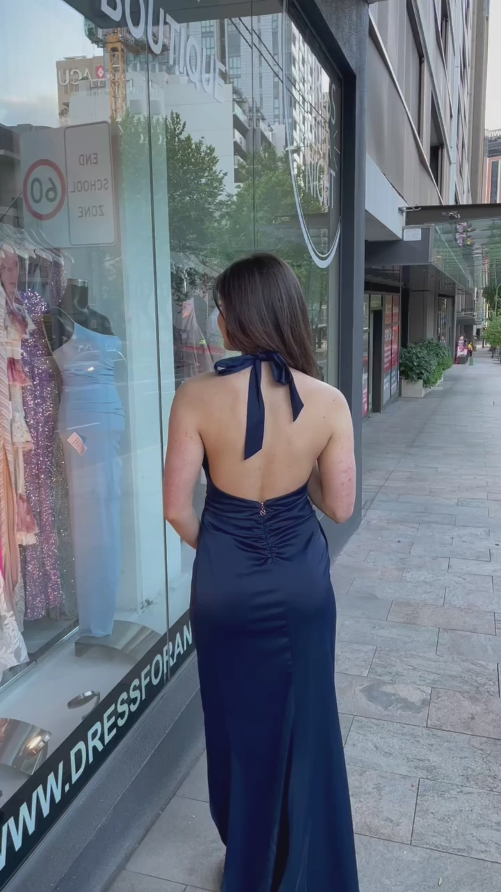Stella Satin Plunge Gown in Navy photo 5