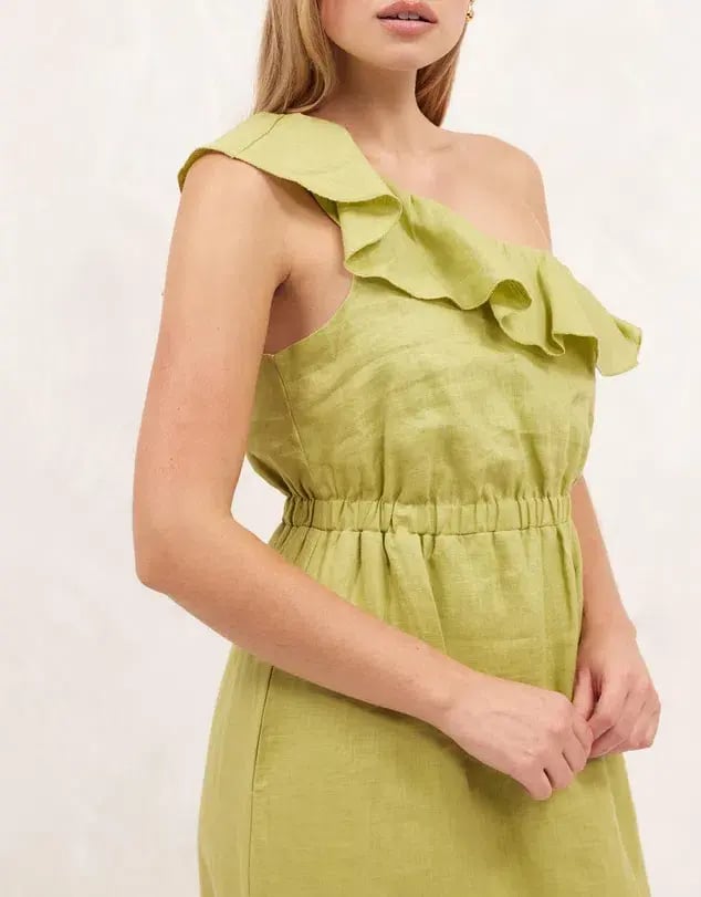 Aere Linen One Shoulder Midi Dress Bay Leaf Green Size 8 photo 2