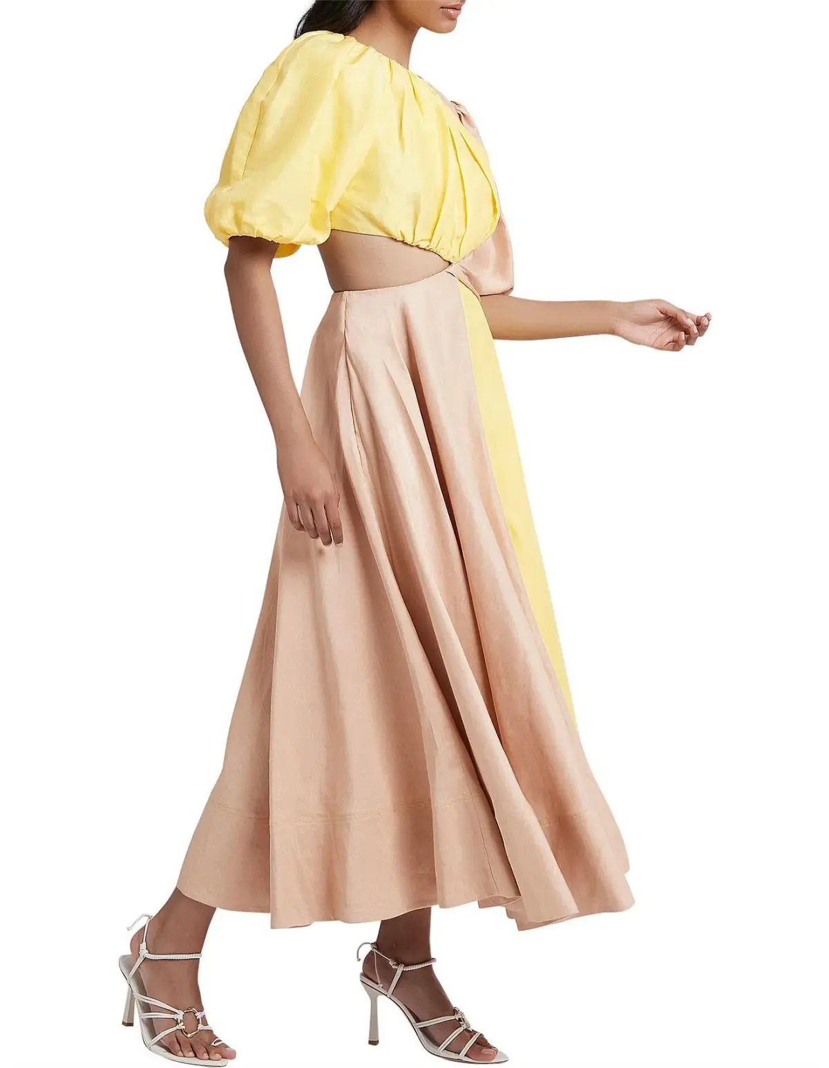 Aje Caliente Two Tone Puff Sleeve Midi Dress Daisy Yellow/Coast Beige Size 8 photo 2