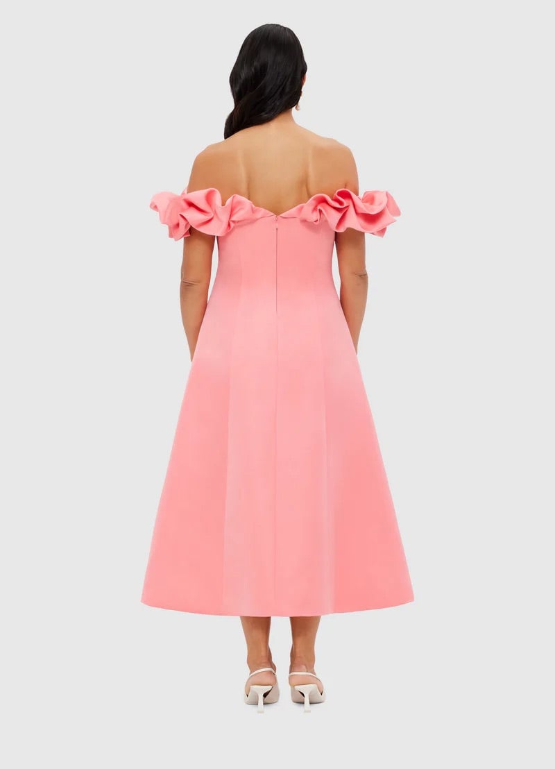 Leo Lin Annie Off Shoulder Frill Midi Dress  - Strawberry Pink photo 4