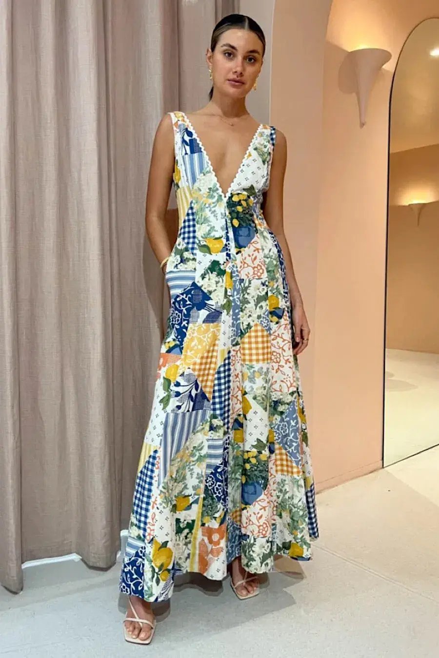 By Nicola Wavy Maxi Dress in Lemon Patchwork Print Size 6 photo 2