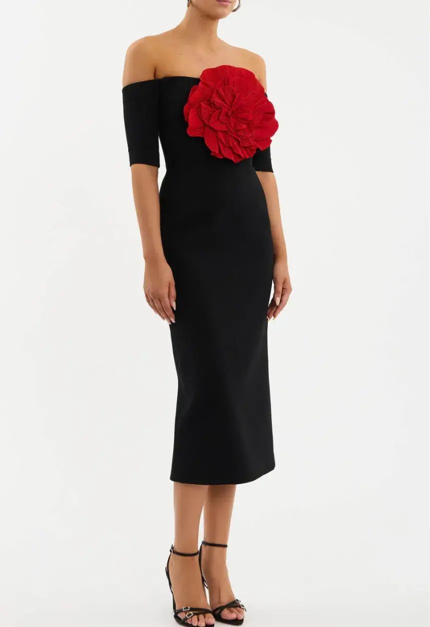 Rebecca Vallance Rhosen Off The Shoulder Midi Dress Black Size 10 photo 2