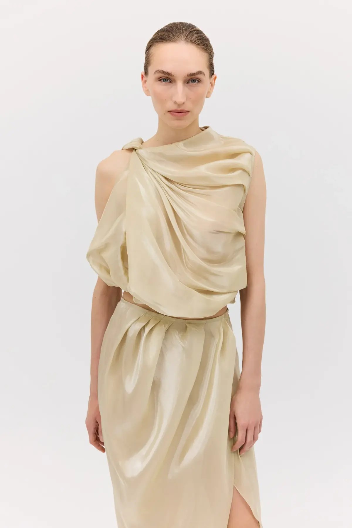 Bianca Spender Champagne Liquid Organza Tumble Top Gold Size 8/S photo 2