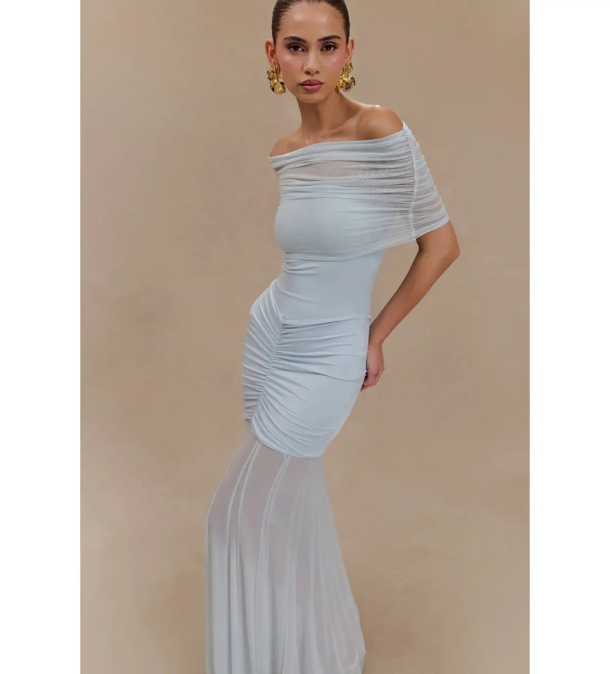 Meshki Caspian Slinky Mesh Off Shoulder Dress Pale Blue Size AU 8 photo 3