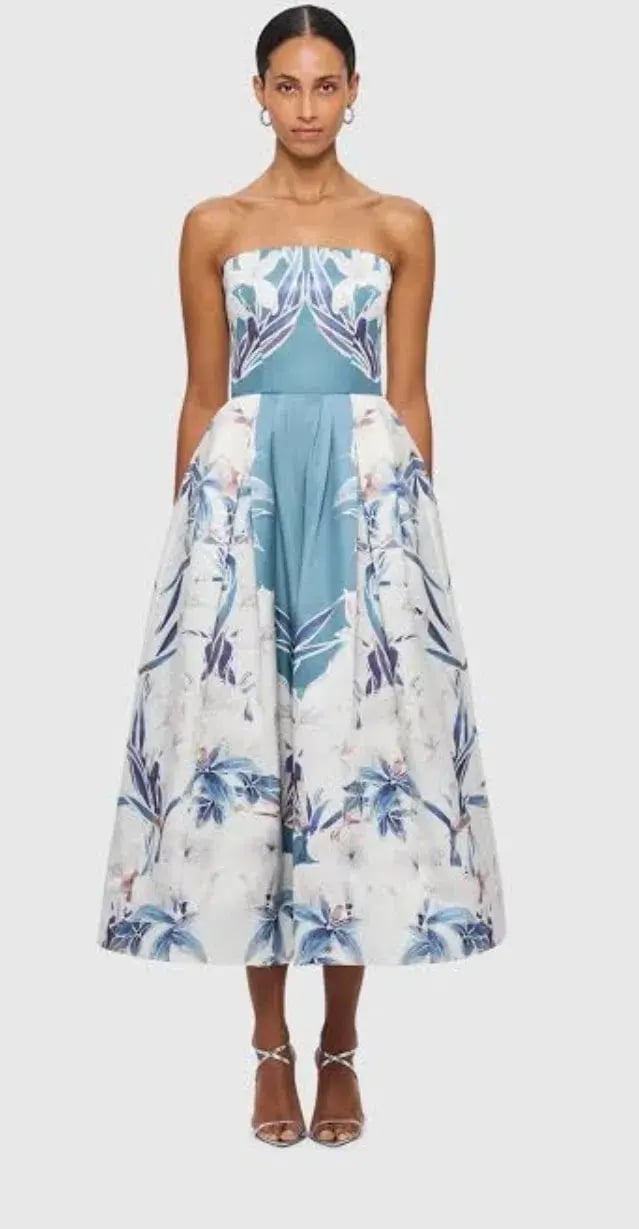 Leo Lin Lynn Bustier Midi Dress Orient Print Mist Size AU 8 photo 2