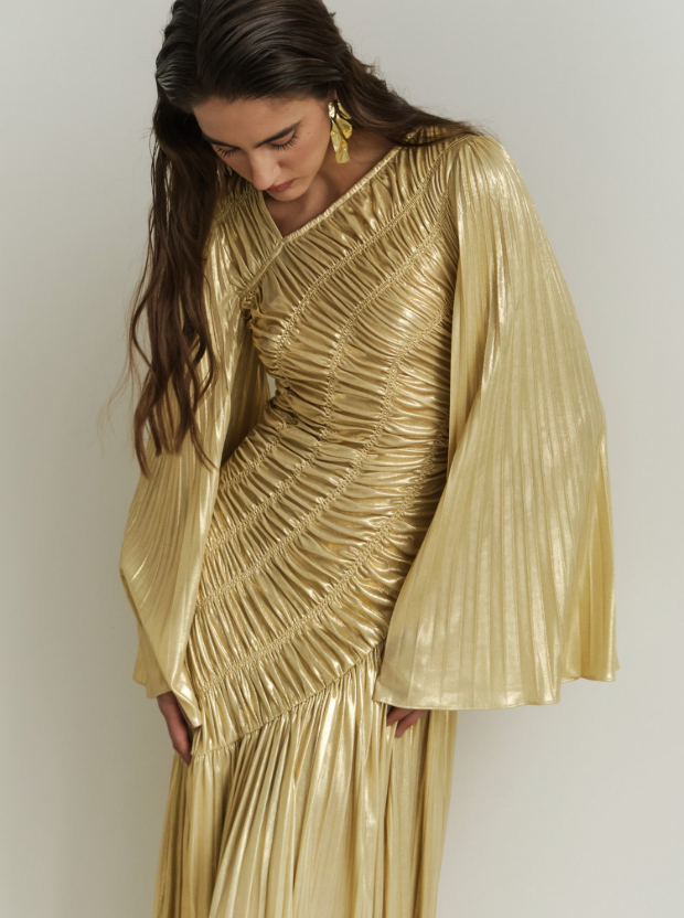 METALLISED FABRIC MAXI DRESS BY LICHI GOLD CREAM photo 6