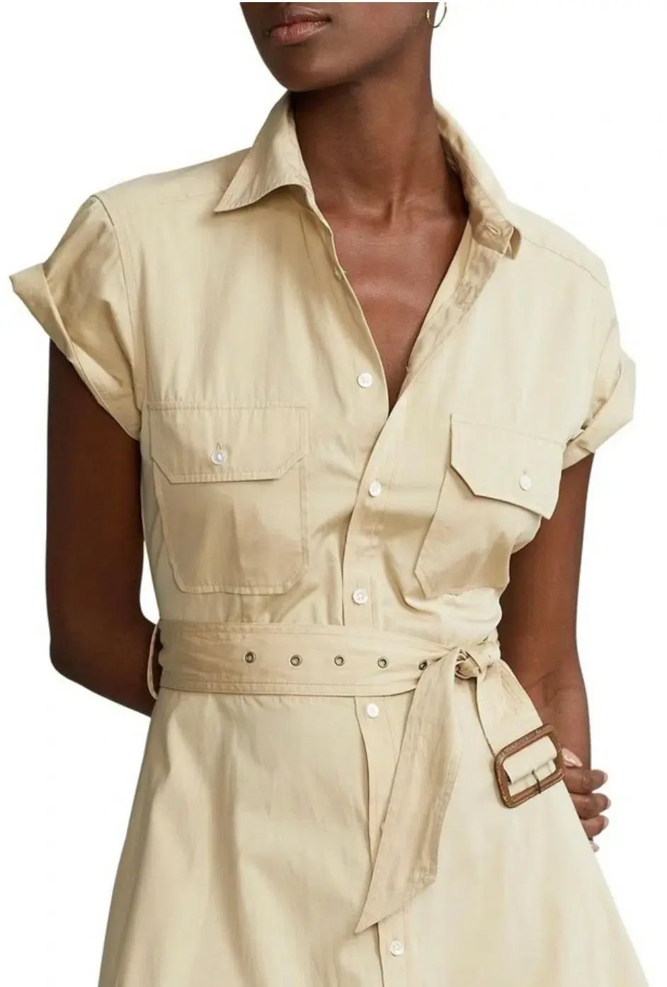Ralph Lauren Belted Tiered Cotton Utility Midi Dress in Beige Size 6 photo 2