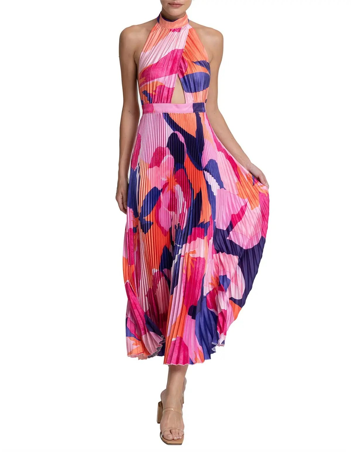 L'Idee Renaissance Halterneck Pleated Cutout Low Back Dress Capri Print Size 8 photo 2
