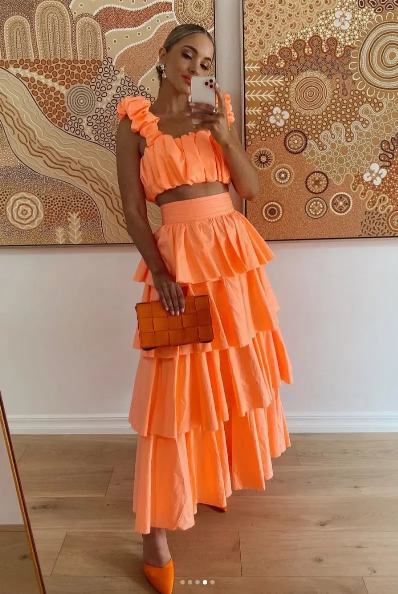 Aje Medina Ruched Crop Top and Tiered Midi Skirt Set Orange Set Size 8 photo 4