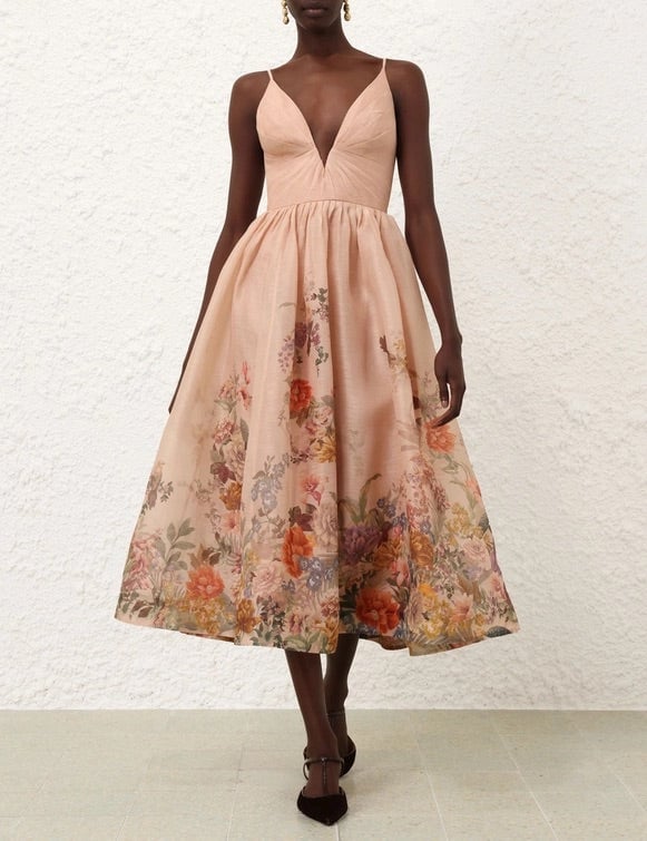 Zimmermann Pavilion V Neck Midi Dress - Peach Multi Floral photo 2