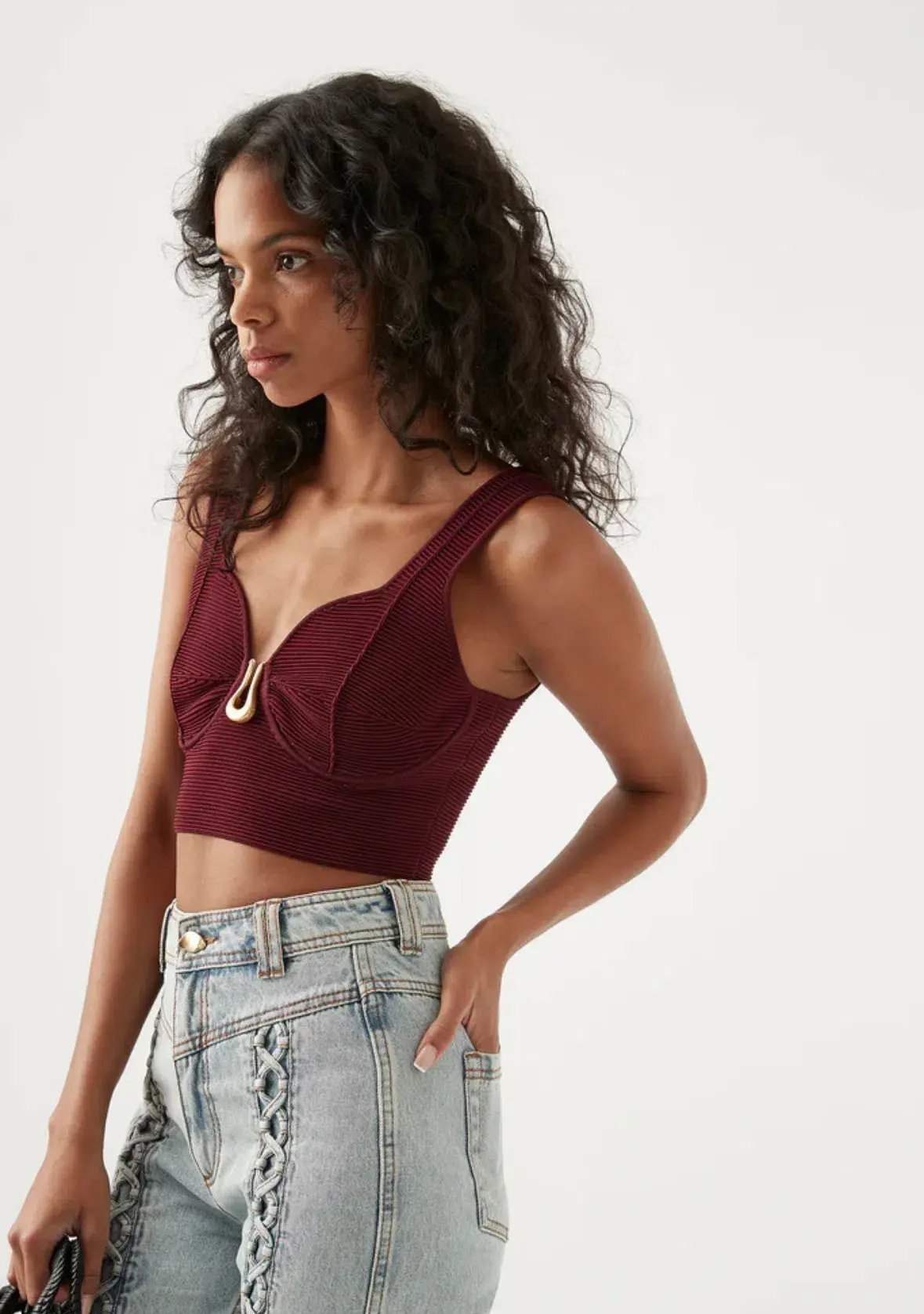 Aje Clay Sculptural Knit Bralette Burgundy Size AU 8 photo 2