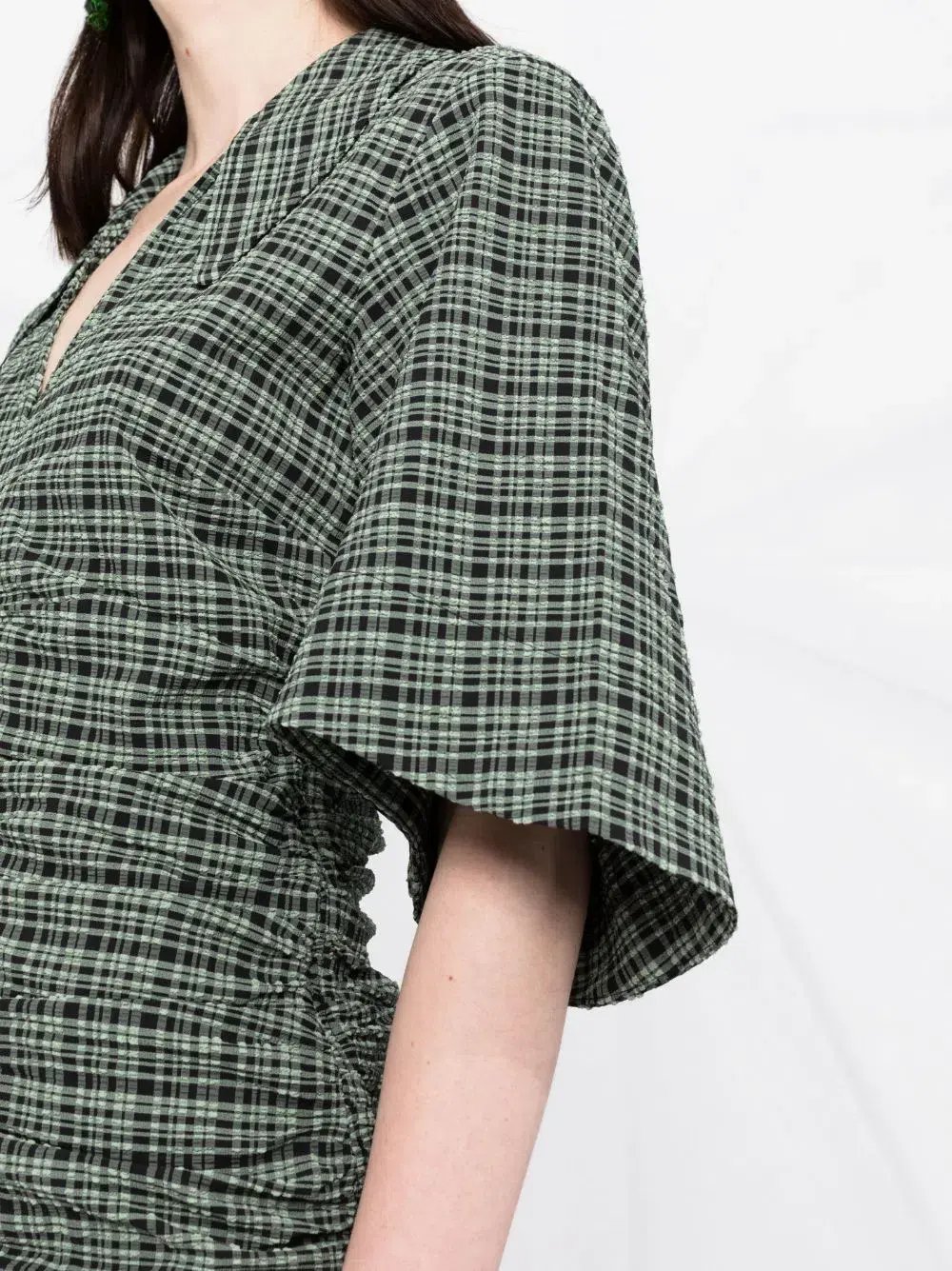 Ganni Seersucker Check Ruched Dress Bay Green Size 14 photo 2