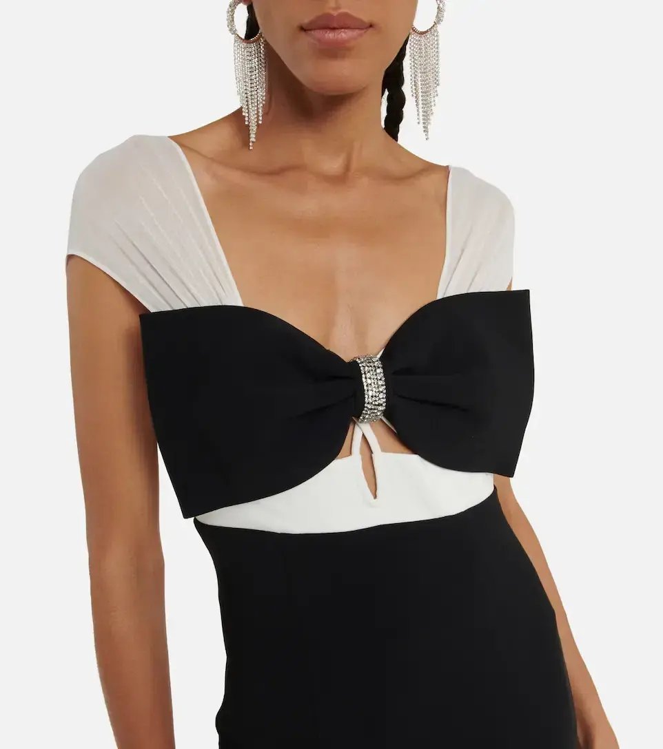 Self Portrait Crepe Crystal Bow Midi Dress Black/White Size 6 photo 3