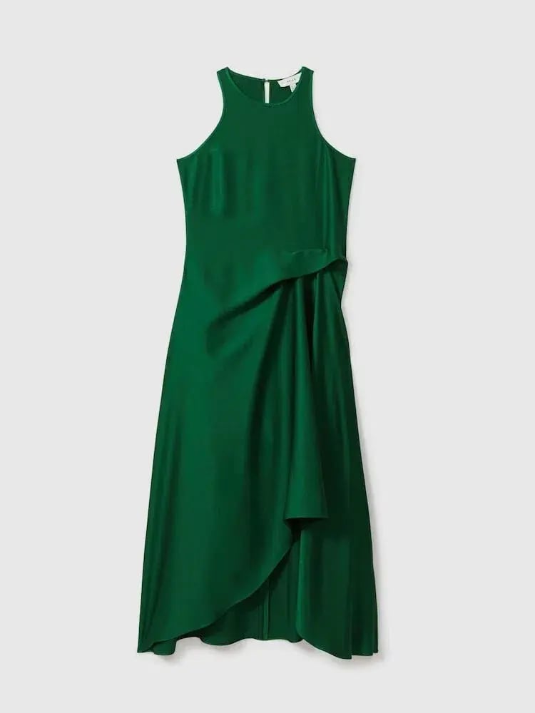 Reiss Micah Satin Drape Tuck Midi Dress In Green Size AU 10 photo 3