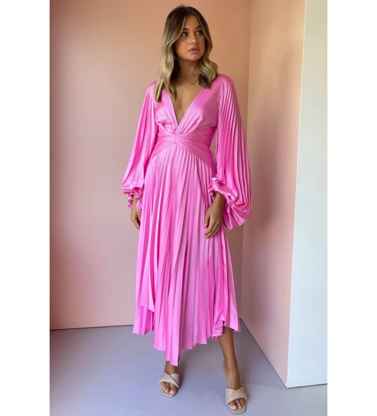 Acler Palms Pleated Midi Dress Confetti Pink Small /Au 8 photo 2