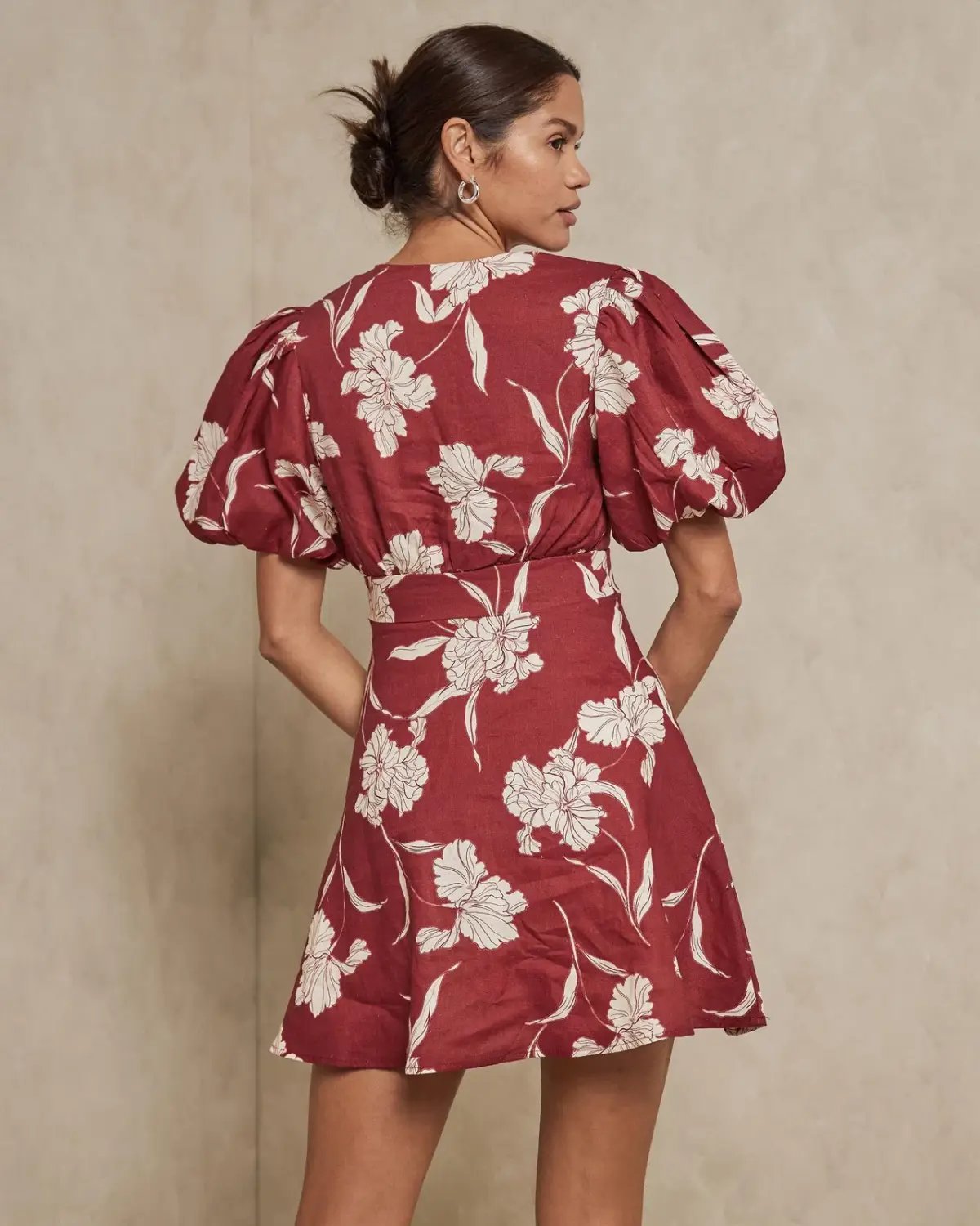 Aere Waisted Linen Mini Dress Red Print Size 12 photo 2