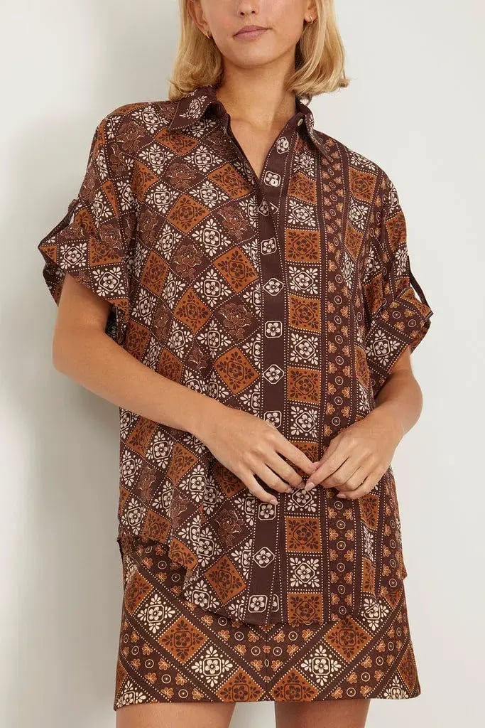 Alemais Carmella Shirt And Mini Skirt Set Brown/Print Size 8 photo 5