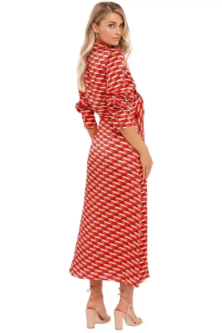 Nicholas Perle Tie Front Midi Dress in Geo Print Size 16 photo 2