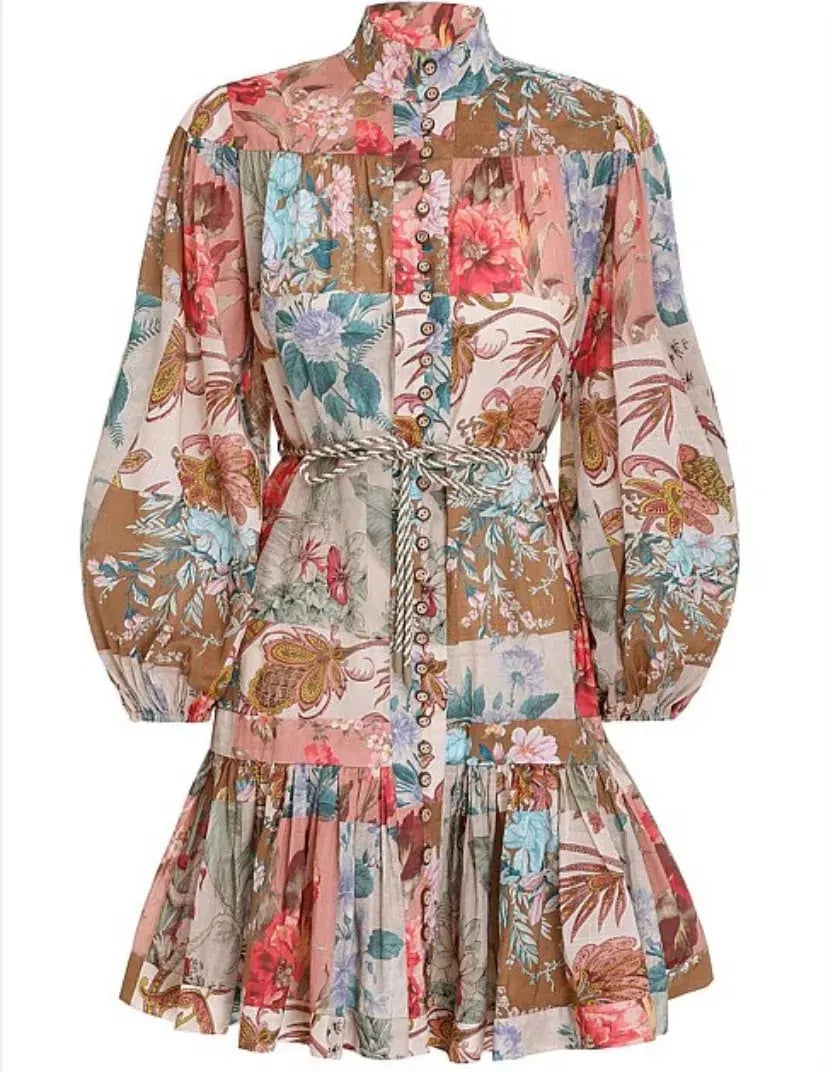 Zimmermann Cassia Drop Waist Mini Dress Patchwork Floral Size 8 photo 3