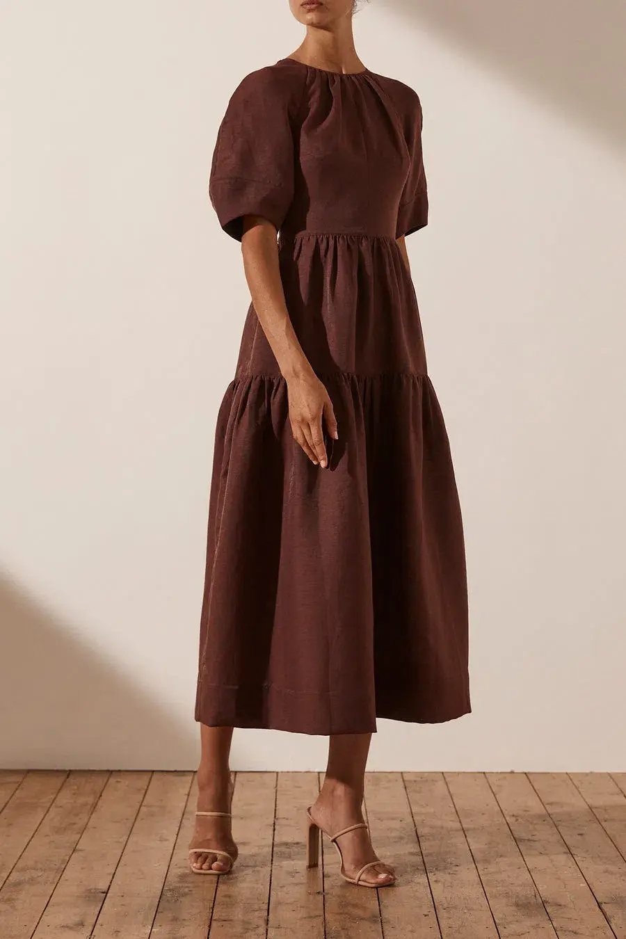 Shona Joy Marlene Short Sleeve Open Back Midi Dress Brown Size 8 photo 2