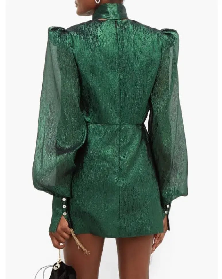 The Vampire's Wife The Pussybow Plissé Silk-Blend Lamé Mini Dress Dark Green Lame Size 10 photo 3