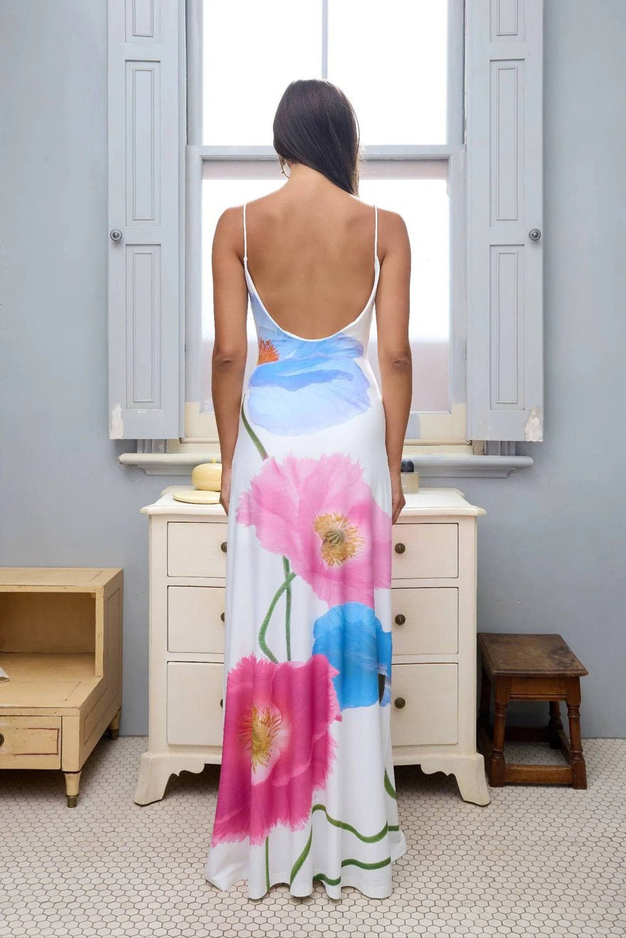 WITH HARPER LU Low Back Maxi Dress in Azure Poppy photo 3