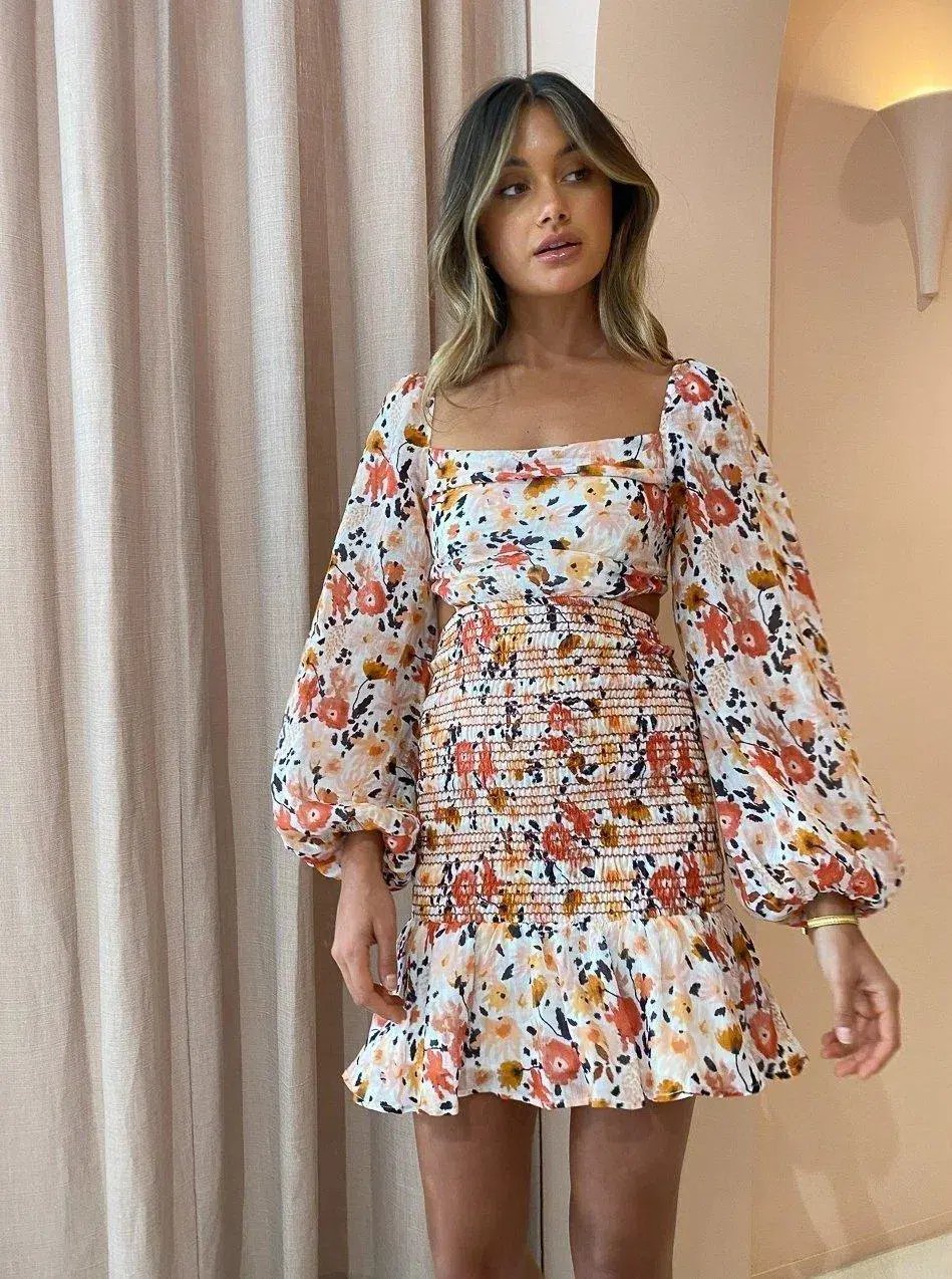 New Romantics Sylvia Long Sleeve Shirred Mini Dress Botany photo 2