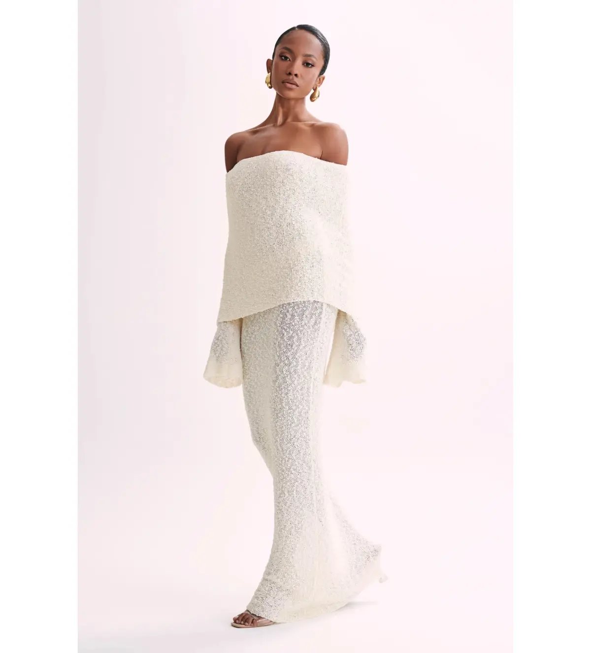 MESHKI Marisol Off Shoulder Boucle Maxi Dress Ivory Size M AU 10 photo 4