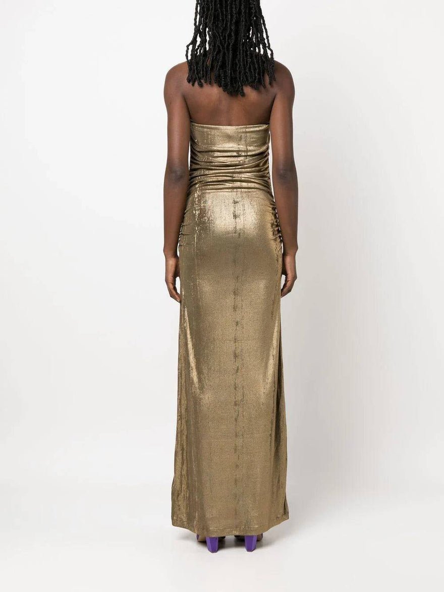 Diesel Metallic Ruched Halterneck Gown in Gold photo 3